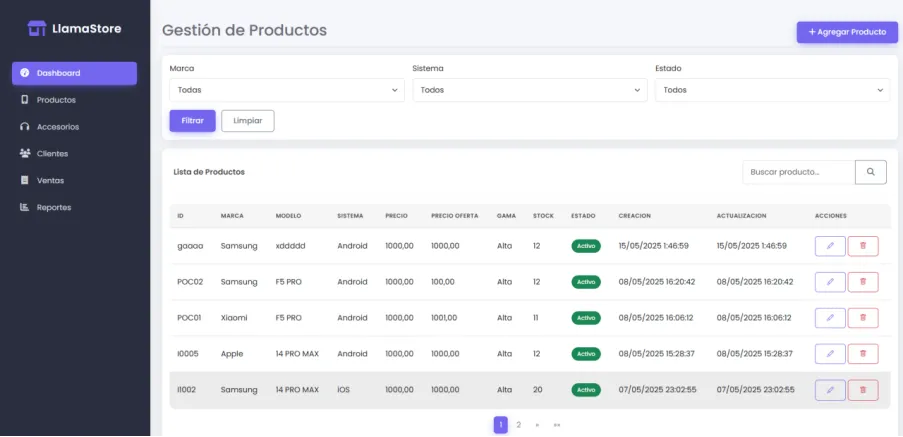 Panel de gestión de productos de Llama Store