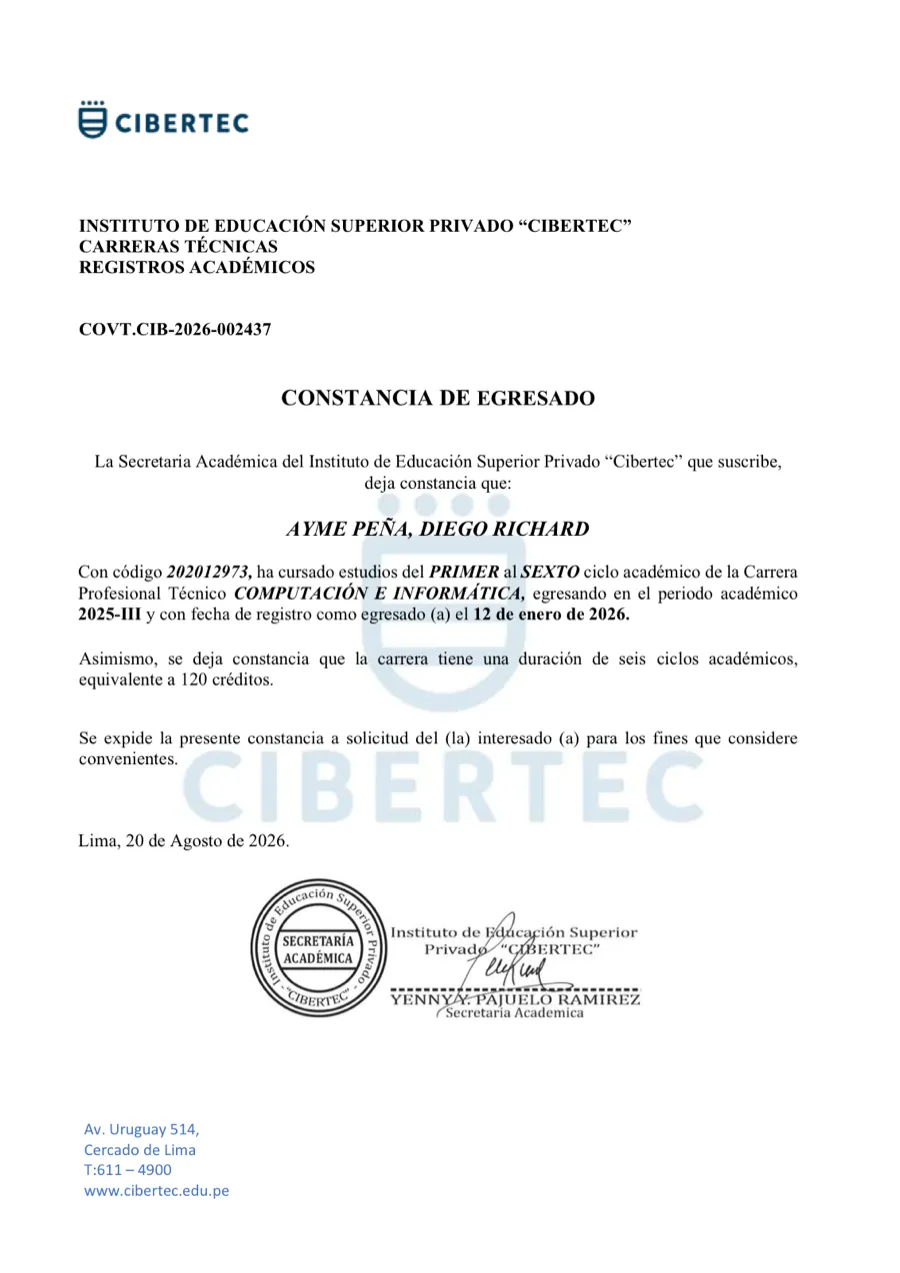 Vista previa de la constancia de egresado emitida por Cibertec a Diego Richard Ayme Peña