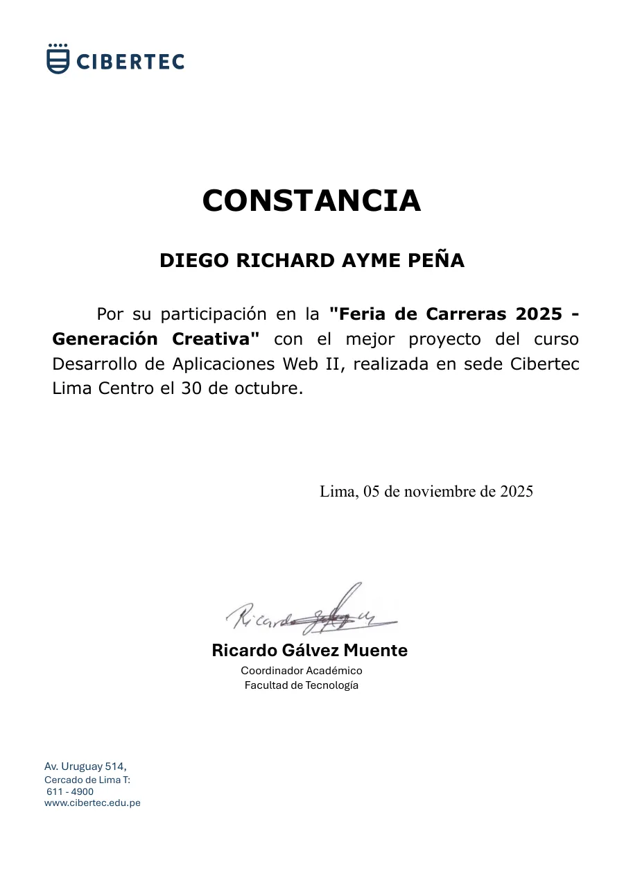 Vista previa de la constancia emitida por Cibertec a Diego Richard Ayme Peña