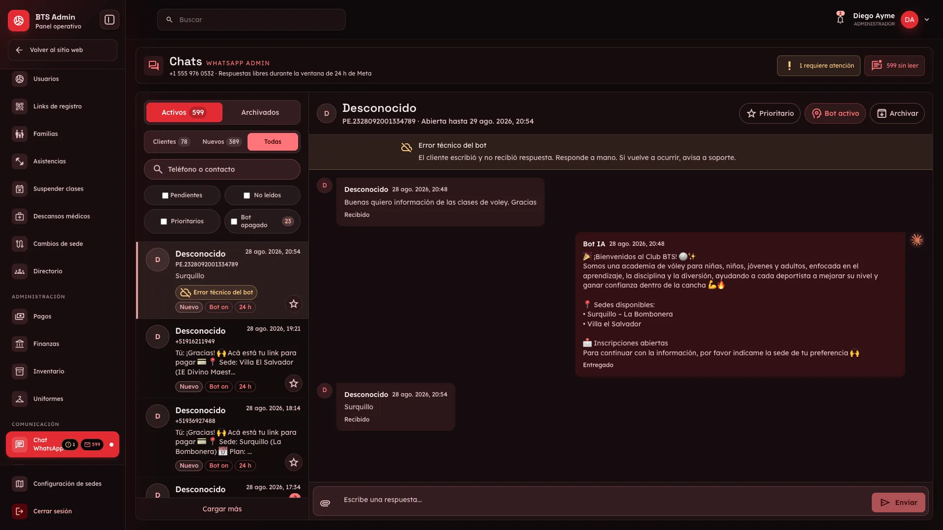 Consola de atención y bot de IA de WhatsApp de Club Deportivo BTS