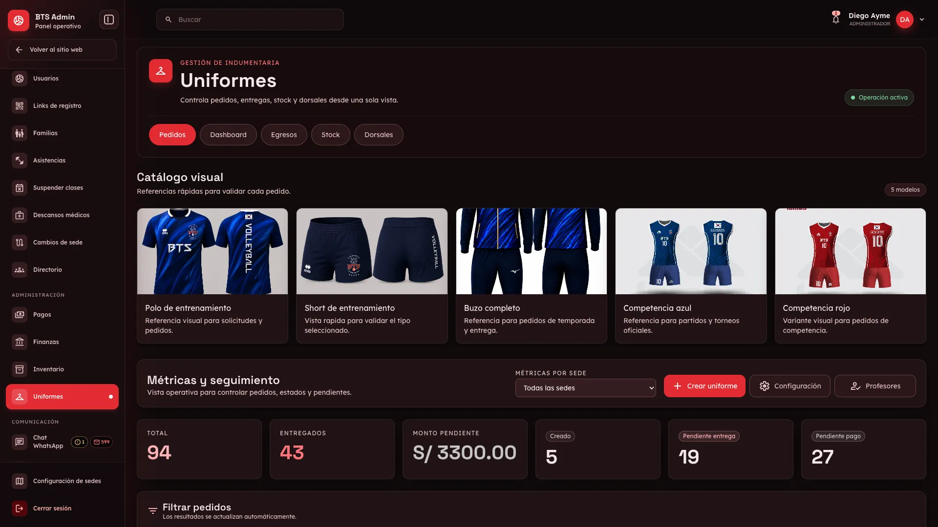 Gestión de indumentaria deportiva y pedidos de uniformes de Club Deportivo BTS