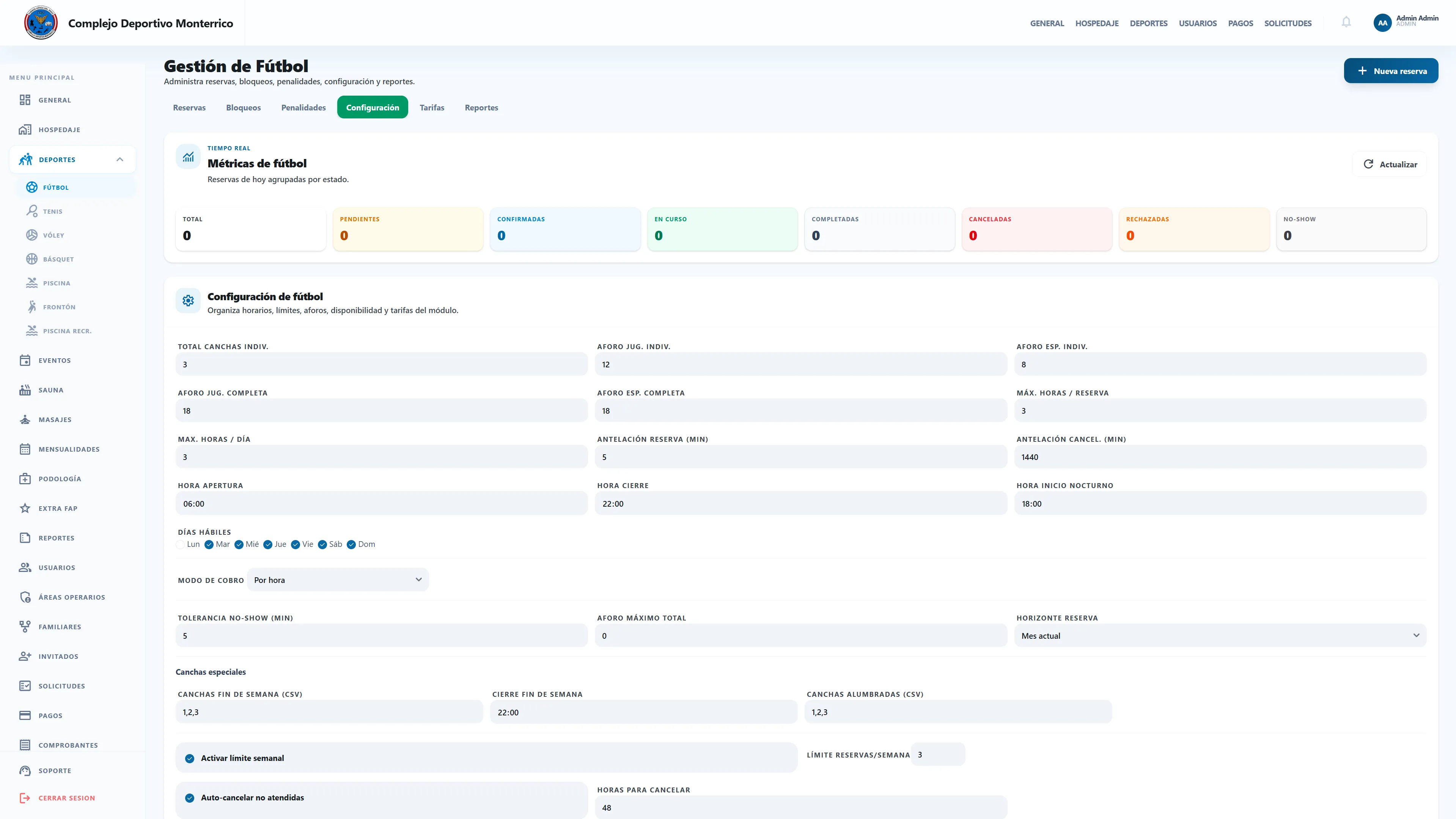 Configuración operativa del módulo de fútbol