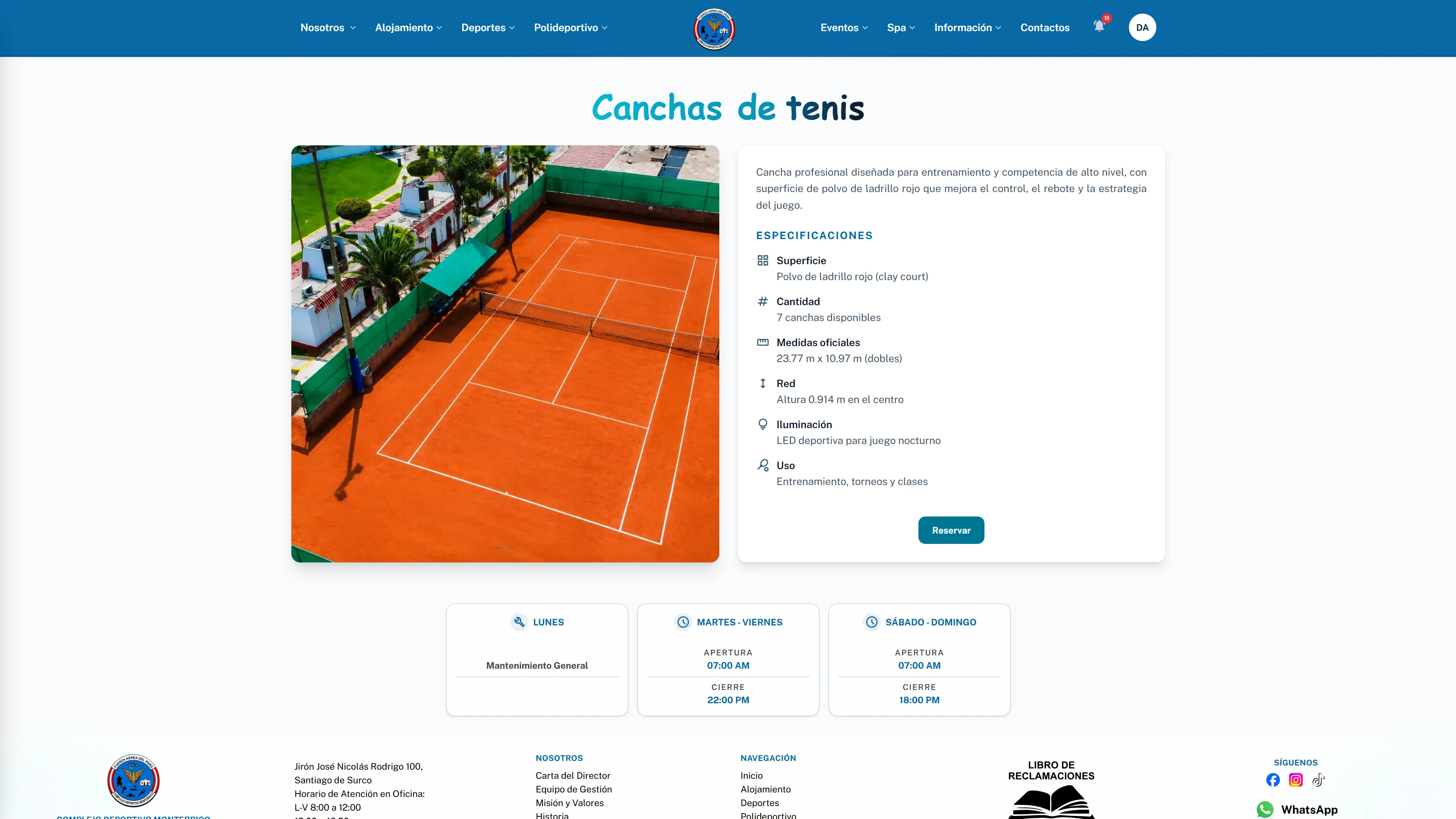 Información pública de las canchas de tenis