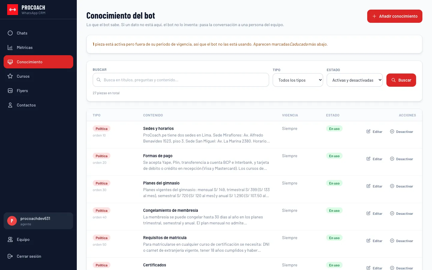 Base de conocimiento dinámica y configuración del prompt de IA de ProCoach