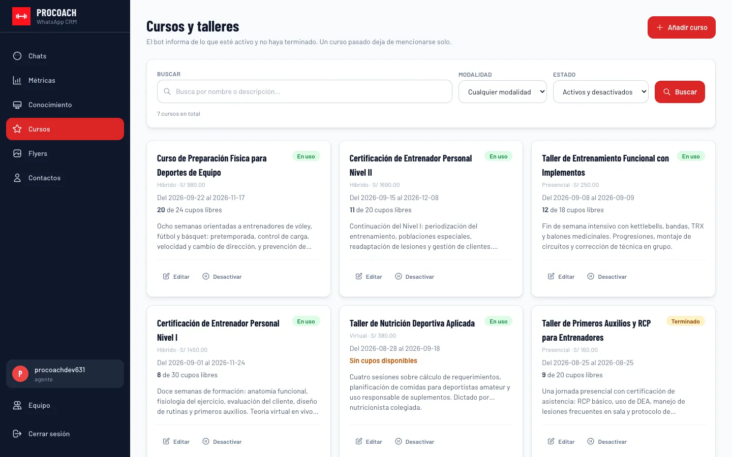 Gestión de cursos, talleres y eventos formativos de ProCoach